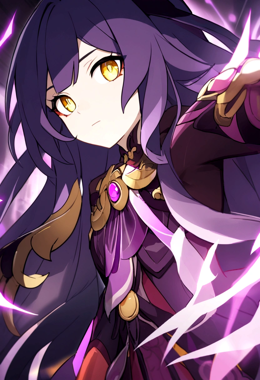 Create a my little pony character based off of Sirin from Honkai Star rail, with purple hair and yellow eyes.