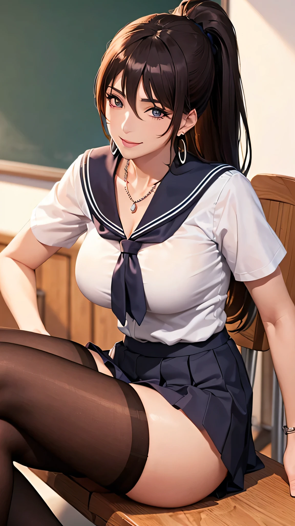 (((Highest quality))),(((High resolution))),((Correct Anatomy))、((Sailor suit))、(((Long Hair))),(((Highest quality))),(((Correct Anatomy))),(((school uniform)))、((((Black panties)))), ((Black Pantyhose)),((Pleated skirt)),((Fancy Lingerie)),((Black knee-high stockings)),((A shy smile)),(Tabletop, Highest quality, High resolution, , Pixel perfect, 4K,), (((Mature MILF)))、(One mature woman)、((Long Hair))、((ponytail))、I could see the whole body, Soft Breasts, Dynamic Angle, Perfect body, ((Earrings、necklace,Pleated skirt)),Office chair、sit