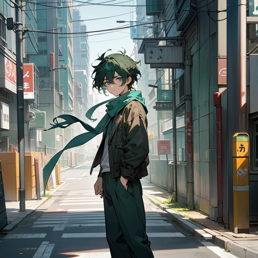 1male, adult, finely detailed aqua eyes, messy medium hair, two tone hair color, green hair color, black hair color, casual clothing, loose pants, scarf, standing on building, day time, tokyo streets, upset expression, muscular