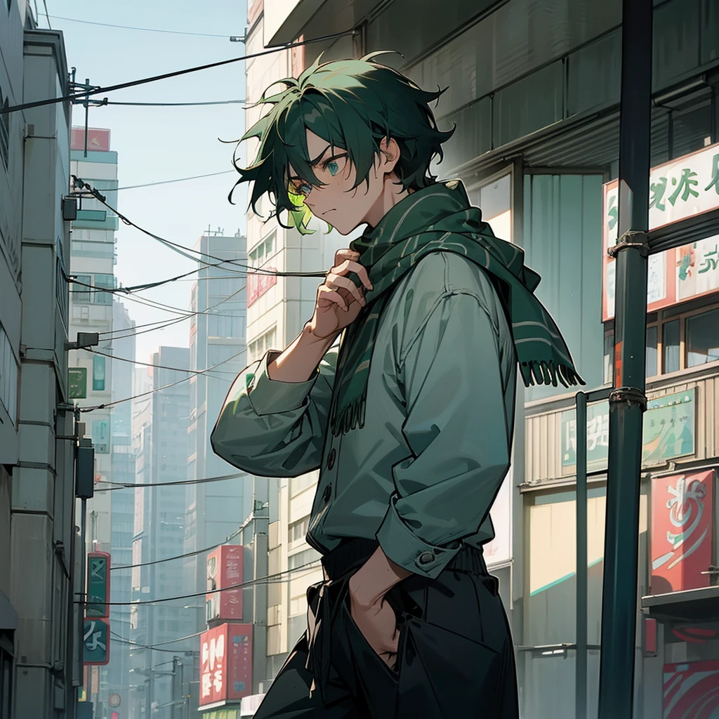 1male, adult, finely detailed aqua eyes, messy medium hair, two tone hair color, green hair color, black hair color, casual clothing, loose pants, scarf, standing on building, day time, tokyo streets, upset expression, muscular