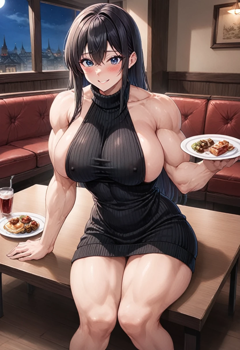 Anime, 2d anime, cartoon anime, detailed illustration, dynamic angle, ultra-detailed, illustration, 1girl, late 20’s year old, dark, night, sitting down in a fancy restaurant, eating dinner at a nice table, nighttime, Big woman, nervous, in tight clothes, embarrassed to be seen, very shy, very tall, broad shoulders, silky long black hair, muscular, tone body, sitting in a high end restaurant, date night, eating at night time, romantic dinner, subtle smile, avoiding eye contact, blushing, black dress, virgin killer sweater dress with boob window showing ample cleavage, looking down, nipples indentation in fabric of dress, looking away from camera, a little bulky, muscular arms, wide shoulders, tall woman, empty clean plate in front of woman on table, woman sitting at table