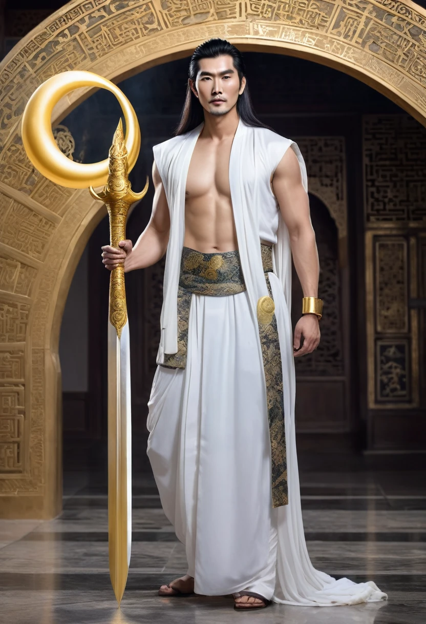 huge sexy masculine inflated tall man Asian, without beard and stubble, with long flowing straight hair in full height with open eyes, Looking Forward, - he is the god of the moon, with a golden saber in his hand, Apollo&#39;s body, silver jewelry on hips, naked torso to the waist, in a floor-length silver skirt, semicircular patterns on clothes, depicting the moon, Covered with a black cape, in black clothes, semicircular symbols on clothes    
In the temple with Arabic architecture 

DARK FANTASY STYLE