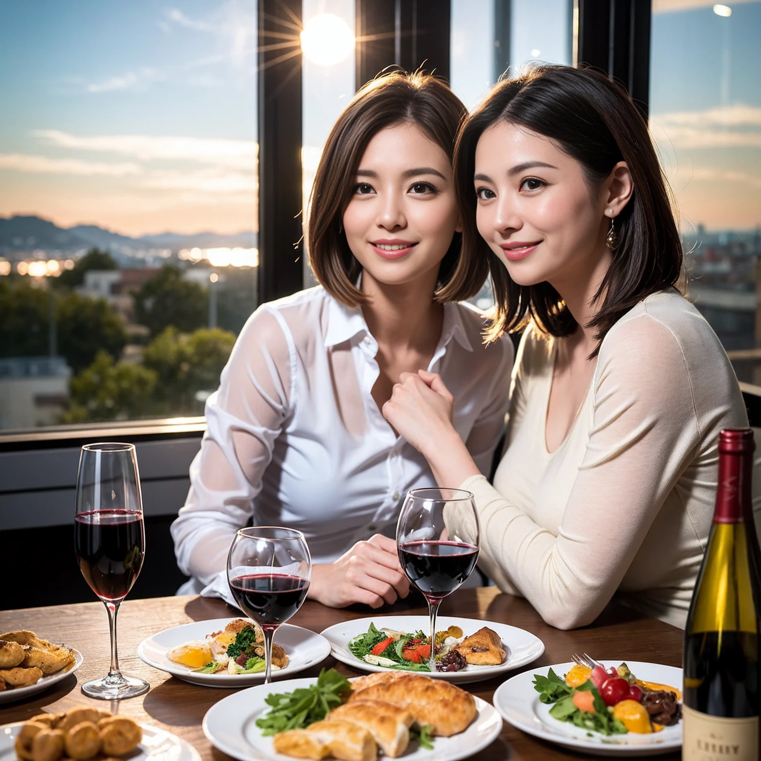 ((Highest quality、8k、masterpiece:1.3))、 (Genuineistic, Genuine、Bright image、Intricate details:1.2), Best smile 1 man 1 woman、Beautiful Couple、Lovers、Relatives and friends、actress couple、couple、Model Couple、Smile、A full-course dinner with a full table、テーブルにwine glass、 (Slim face), (The body is slim), (Brown Hair), (short hair), Please shine a light on my face、 Amazing view of the sunset sky and clouds、 (age 34), 38 years old, red wine 、Appetizers、Wine bottle、sparkling wine、Long sleeve shirt、dress、White wine, red wine, wine glass,