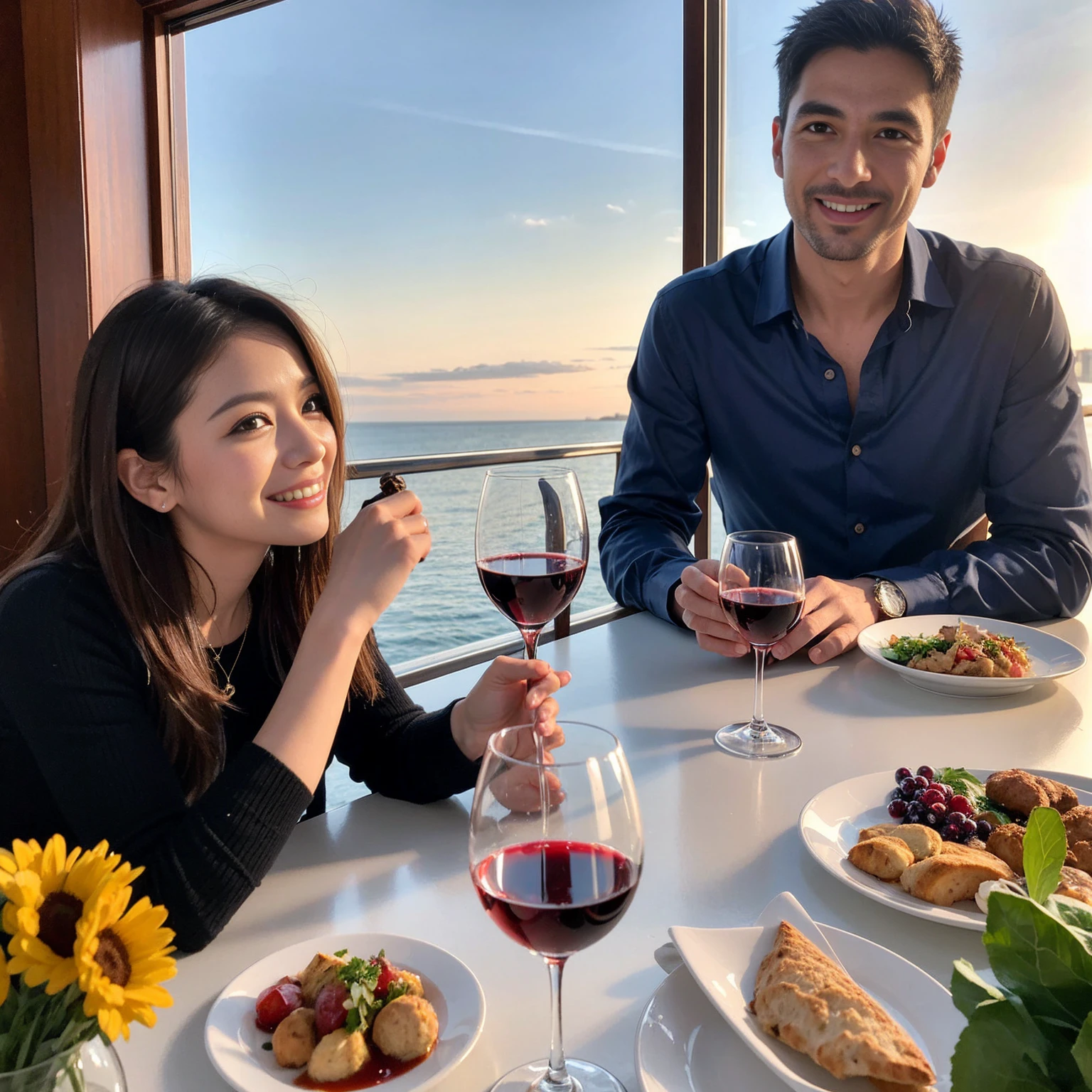 ((Highest quality、、masterpiece:1.3))、1 male、1 female、spouse、Beautiful couple、smile、full-course dinner、 (Slim face), (the body is スリム), (Brown Hair), (Shortcuts), ((Bob Hale、Straight hair:1.2)), テーブルの上のwine glass、Put the light on your face、 Amazing view of the sunset sky and clouds、smileの美しさ、Bright image、Blushing, Shortcuts, (43 years old), 39 years old, Appetizers、Italian food、Wine bottle、Champagne、sparkling wine、Long sleeve shirt、dress、Attractive beauty、restaurant, Nova Frog Style, actress, model, Upper Body, White wine, red wine, wine glass,