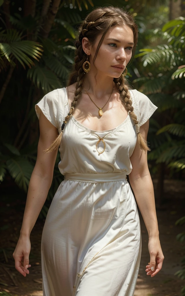 Flamme, (young Lena Headey:Evangeline Lilly), A -yeld wo with blond hair, intense blue eyes, sideburns, one large braid, a gold necklace with a ruby pendant, dressed in a white Greek tunic and Roman sandals, with gold bracelets on her arms, forest in the background, masterpiece, hyperdetailed,((1girl)) ,bangs,braided ponytail,single braid, blond hair,very long hair,sidelocks,red earrings,hair over one eye,