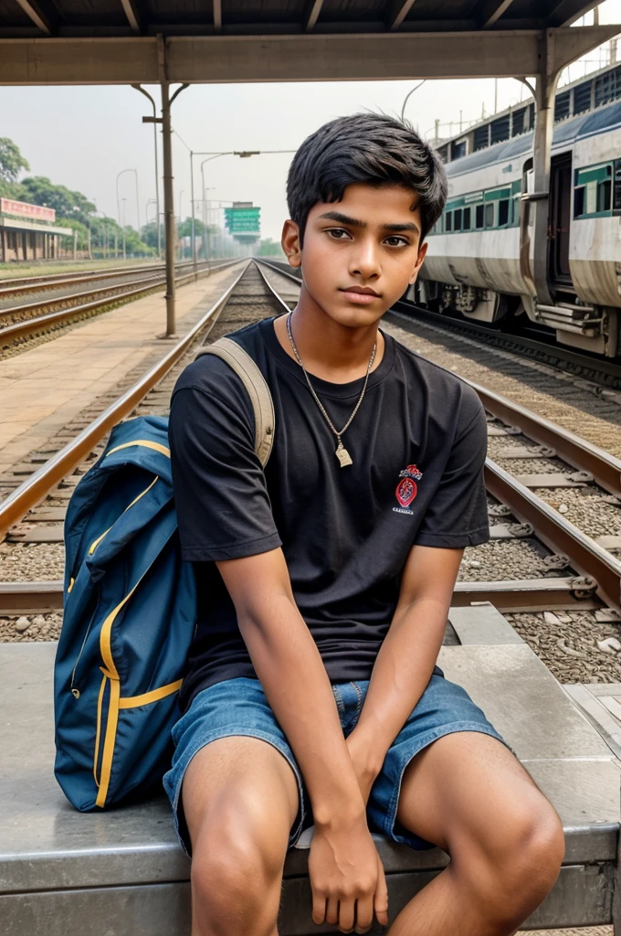 Create a 14years old boy wearing modern clothes sitting on a Indian railway station
