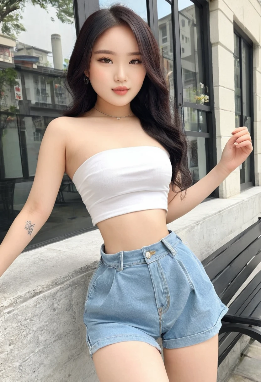 ((Best high quality:1.2)), Work of art, (8k), extremely detailed, ((High detail:1.2)), (KKKDoVal woman), Solo, 24 year old Korean Ulzzang female, (crop strapless, mini-shorts black), (fix his hand to be anatomically correct),