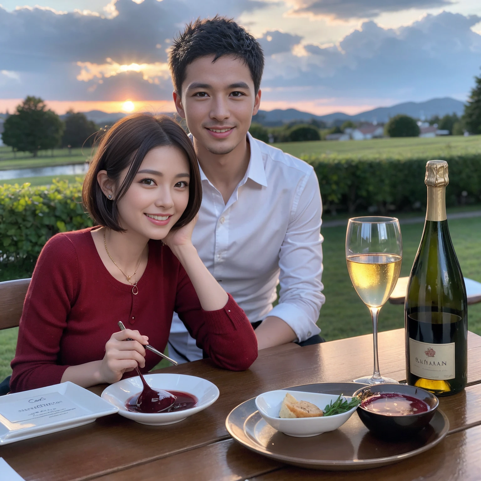 ((Highest quality、8k、masterpiece:1.3))、 (Genuineistic, Genuine、Bright image、Intricate details:1.2), 最高のsmile 男性1人 女性1人、Beautiful Couple、spouse、Couple、spouse、Beautiful Couple、smile、Full-course dinner at a packed table、テーブルにwine glass、 (Slim face), (the body is slim), (Brown Hair), (short hair), Please shine a light on my face、 Amazing view of the sunset sky and clouds、 (age 34), 39 years old, red wine 、Wine bottle、sparkling wine、Long sleeve shirt、dress、White wine, red wine, wine glass,