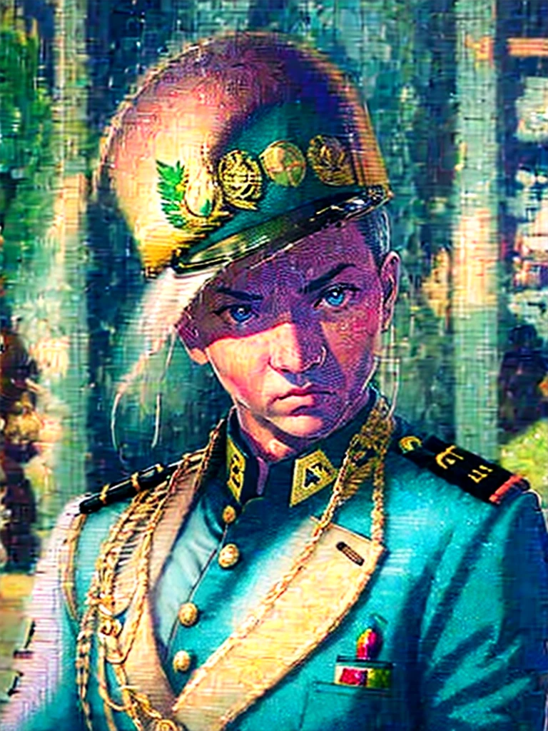 Detailed and realistic portrait of angry General Oligui, vieux,en tenue militaire, with many medals, soft, dim light