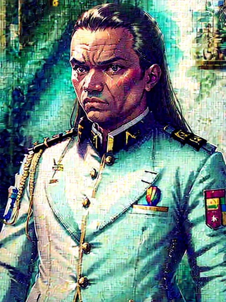 Detailed and realistic portrait of angry General Oligui, vieux,en tenue militaire, with many medals, soft, dim light