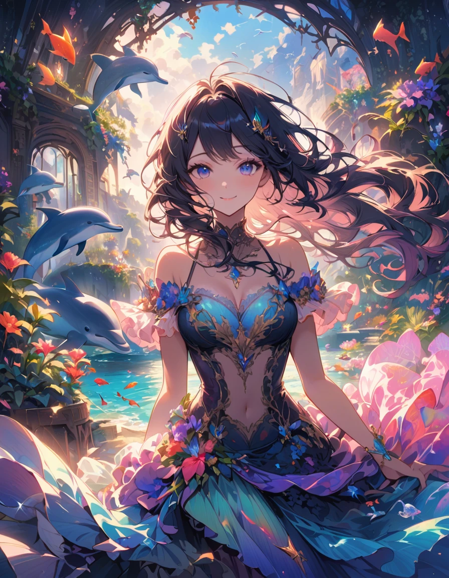 In the ocean during the day、A smiling mermaid happily swimming with a dolphin。A fantastic view unfolds、The light shines through the water, illuminating the surroundings beautifully.。The dolphins also play happily with the mermaids.、Colorful fishes fluttering around them。Water plants swaying gracefully、The scenery is as beautiful as a dream.、Captivating to the viewer。