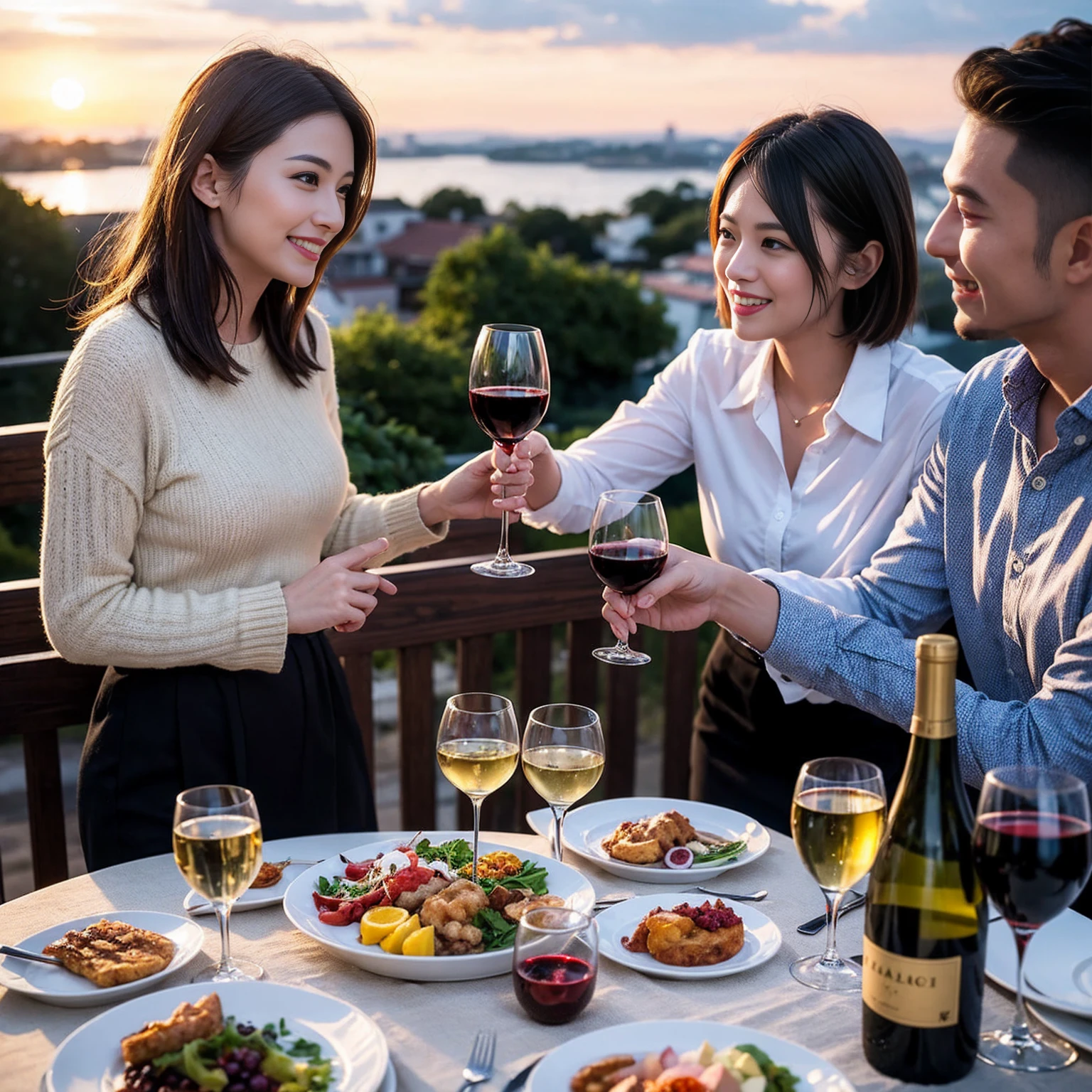 ((Highest quality、8k、masterpiece:1.3))、 (Genuineistic, Genuine、Bright image、Intricate details:1.2), Best smile 1 man 1 woman、Beautiful Couple、Lovers、Relatives and friends、actress couple、couple、Model Couple、Smile、A full-course dinner with a full table、テーブルにwine glass、 (Slim face), (The body is slim), (Brown Hair), (short hair), Please shine a light on my face、 Amazing view of the sunset sky and clouds、 (age 34), 38 years old, red wine 、Appetizers、Wine bottle、sparkling wine、Long sleeve shirt、dress、White wine, red wine, wine glass, 