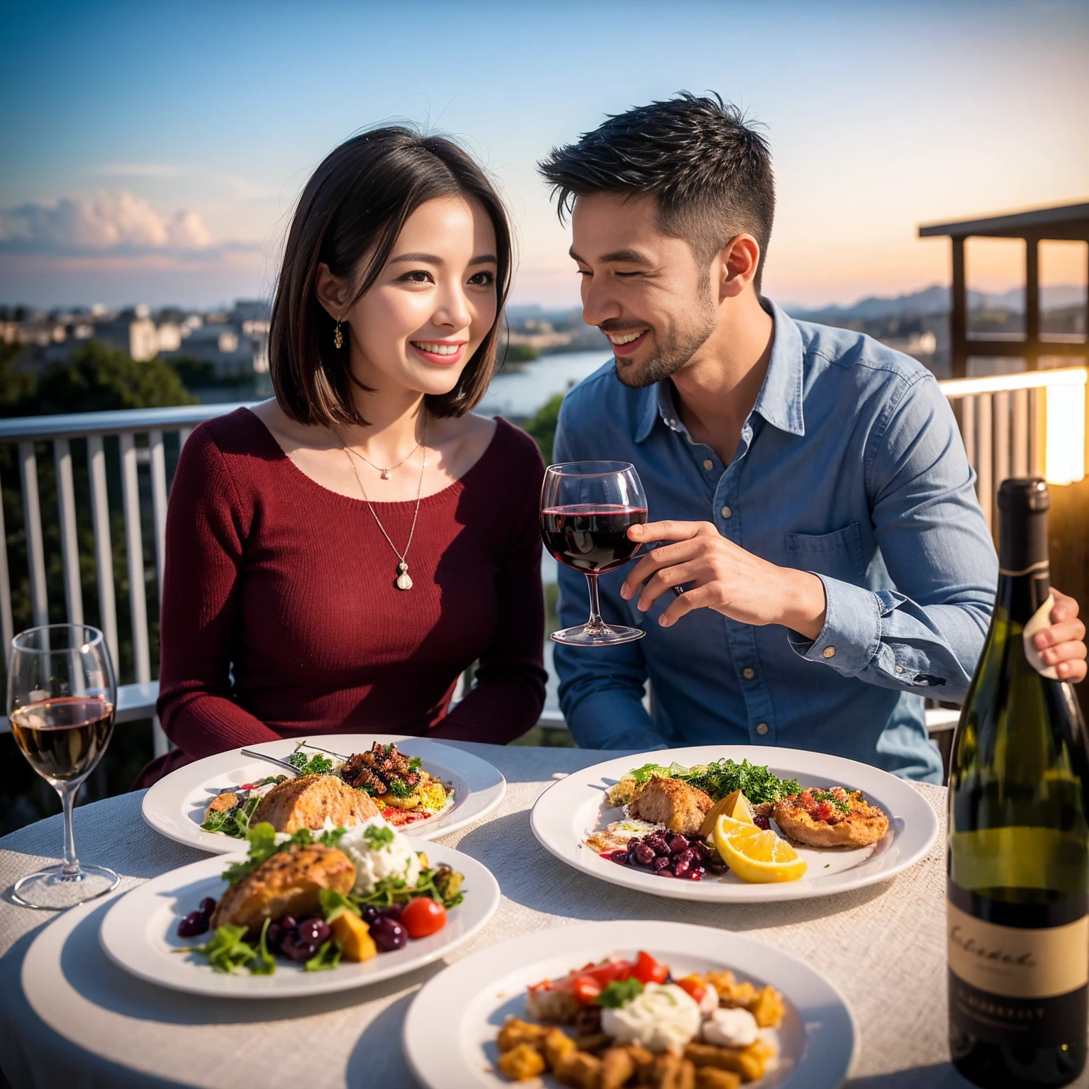 ((Highest quality、8k、masterpiece:1.3))、 (Genuineistic, Genuine、Bright image、Intricate details:1.2), Best smile 1 man 1 woman、Beautiful Couple、Lovers、Relatives and friends、actress couple、couple、Model Couple、Smile、A full-course dinner with a full table、テーブルにwine glass、 (Slim face), (The body is slim), (Brown Hair), (short hair), Please shine a light on my face、 Amazing view of the sunset sky and clouds、 (age 34), 38 years old, red wine 、Appetizers、Wine bottle、sparkling wine、Long sleeve shirt、dress、White wine, red wine, wine glass,