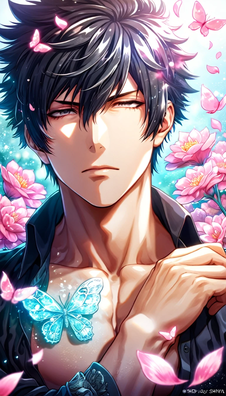 absurdres, highres, ultra detailed, HDR, master piece, best quality, Kougami Shinya, black hair, expressive gray eyes, psycho pass, solo, sexy man, handsome, black clothes, magical, fantasy, shining, pink flowers, pink blossoms, pink butterflies, pink petals, water
