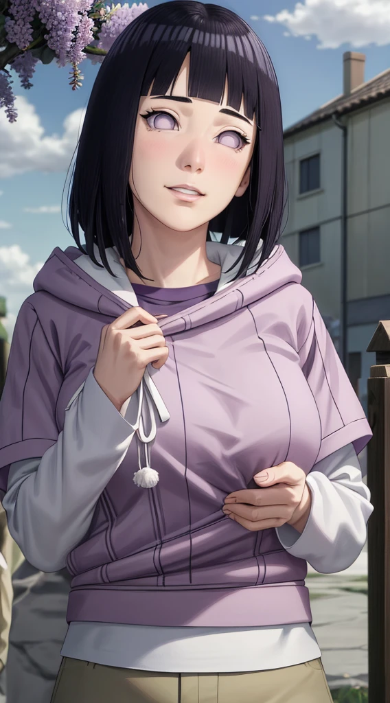 masterpiece, absurdres, hinata\(boruto\), 1girl, solo,mature female, purple hoodie,layered sleeves, brown pants,  outdoors,lavender flower field, looking at viewer, (falling petals), cloudy sky, perfect composition, detailed lips, big breast, beautiful face, body propotion, blush, (pink lips), long hair,  purple eyes,  soft gaze, sad smile,  super realistic, detailed, photoshoot, realistic face and body,  realistic hair, realistic eyes, realistic nose, realistic lips