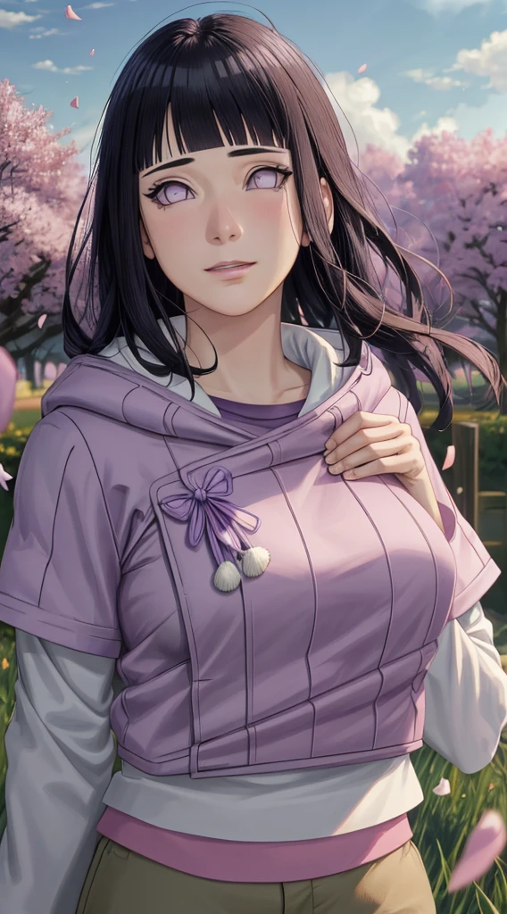masterpiece, absurdres, hinata\(boruto\), 1girl, solo,mature female, purple hoodie,layered sleeves, brown pants, outdoors,lavender flower field, looking at viewer, (falling petals), cloudy sky, perfect composition, detailed lips, big breast, beautiful face, body propotion, blush, (pink lips), long hair, purple eyes, soft gaze, sad smile, super realistic, detailed, photoshoot, realistic face and body, realistic hair, realistic eyes, realistic nose, realistic lips