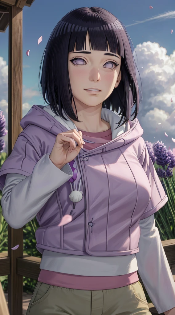 masterpiece, absurdres, hinata\(boruto\), 1girl, solo,mature female, purple hoodie,layered sleeves, brown pants, outdoors,lavender flower field, looking at viewer, (falling petals), cloudy sky, perfect composition, detailed lips, big breast, beautiful face, body propotion, blush, (pink lips), long hair, purple eyes, soft gaze, sad smile, super realistic, detailed, photoshoot, realistic face and body, realistic hair, realistic eyes, realistic nose, realistic lips