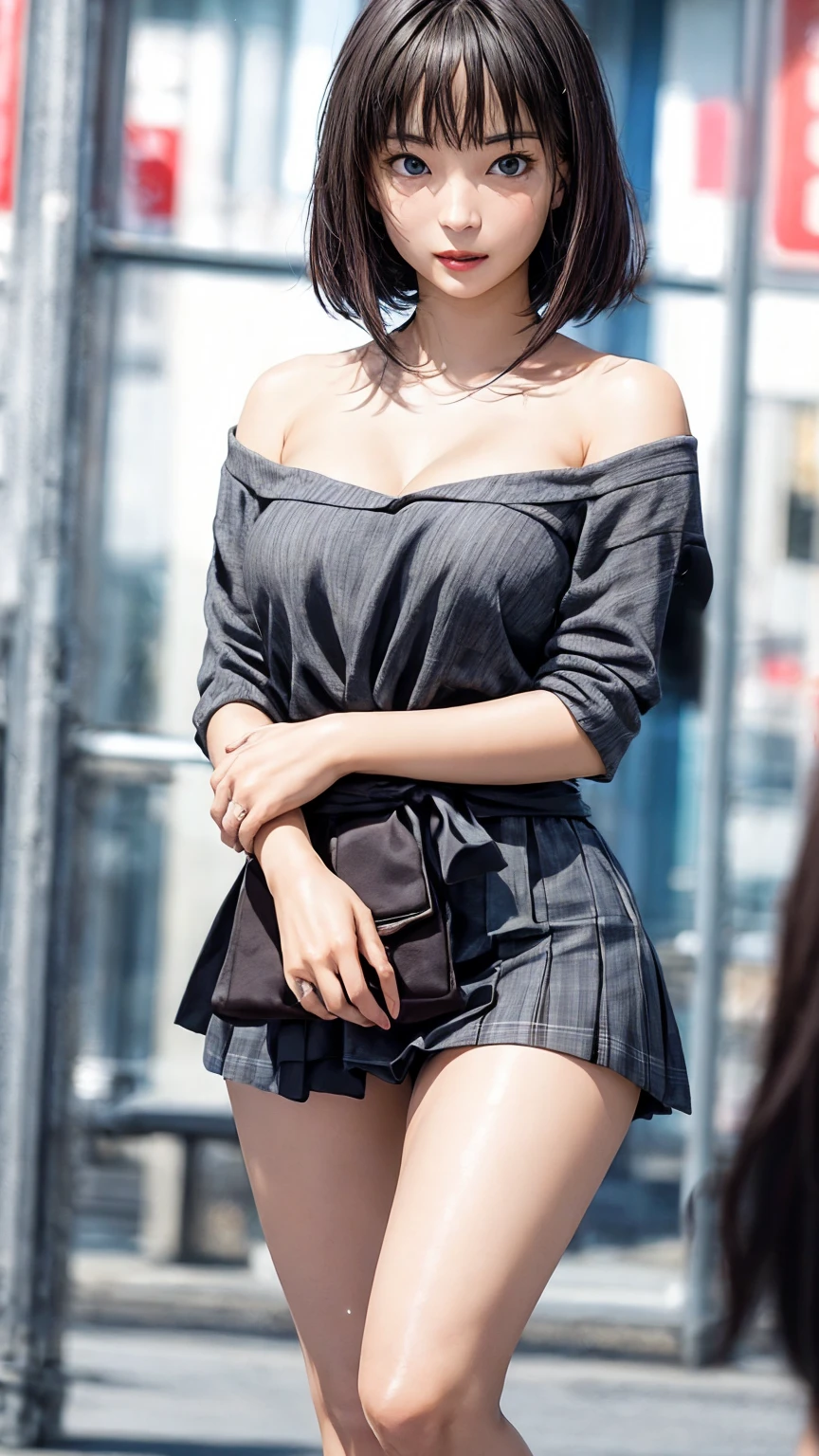 Highest quality、8K quality、A 20-year-old woman hiding her breasts with both hands、Off-the-shoulder T-shirt、Short skirt、Beautiful thighs、Soft Breasts、Looking up at the photographer、Bend one knee、Shooting from the top front、Well-groomed, Adult face、Beautiful cleavage、Thin fabric、High Resolution Skins、、Sweating profusely