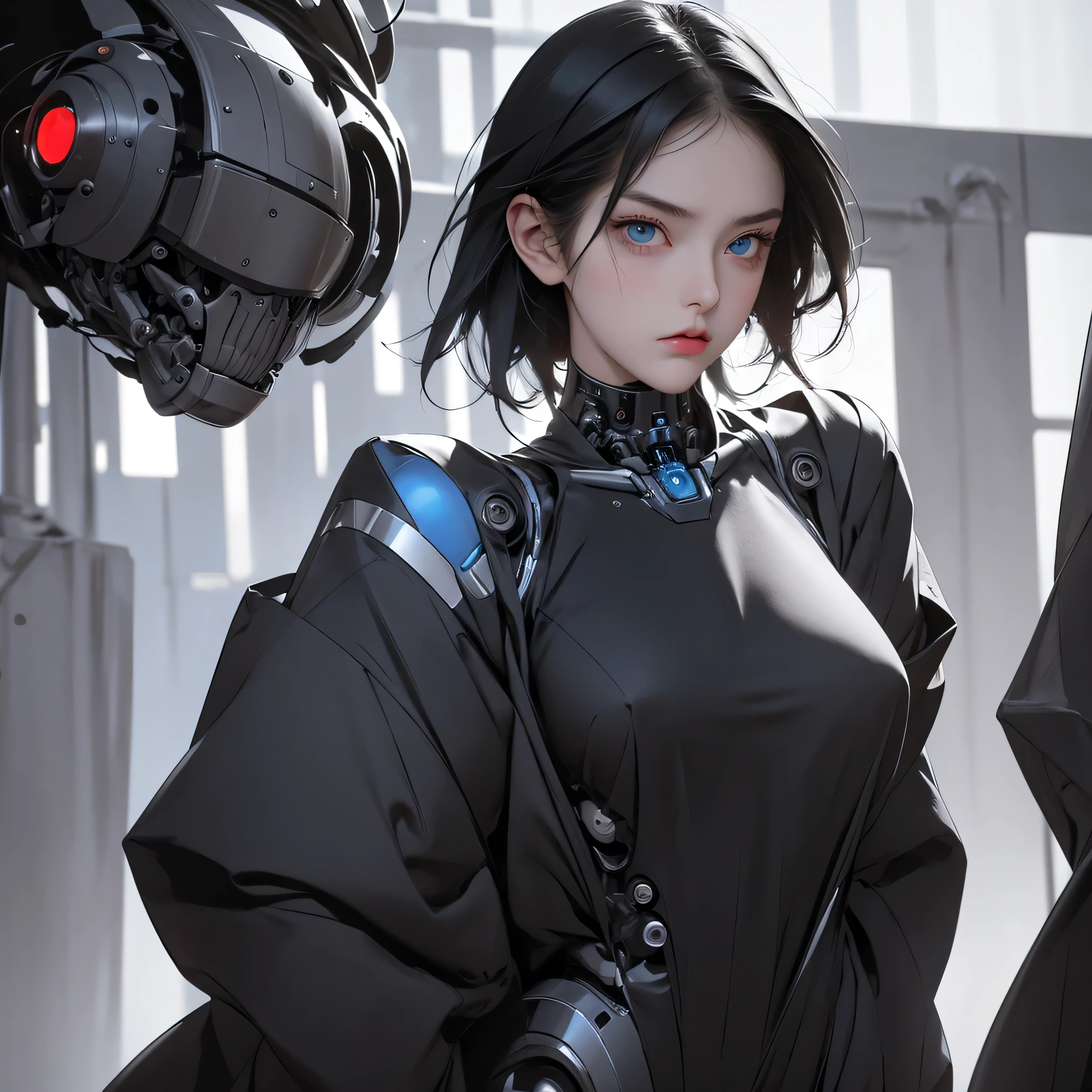 a girl with a full black robotic body, featuring sleek and high-tech components. She has short black hair, blue eyes, and an angry expression. She wears a robot mask that partially covers her face, blending seamlessly with her polished mechanical limbs and torso. The subtle lights and mechanical joints of her body enhance the contrast between her human-like features and her robotic form.
