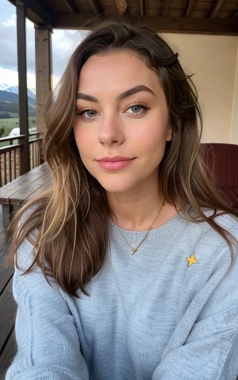 Beautiful brunette with blonde highlights,  face of Amy Lee, wearing a beige sweater (22 Jahre alt, Gesicht unschuldig, Natural wavy hair, blaue Augen),Eine Flasche Craft-Bier auf dem Tisch und eine Frau ((Selfie am upper body, a happy one)), tMeisterwerk, beste-Qualit, ultradetailliert, Solo, Outside, (die Nacht), Berge, Natur, (die Sterne, Offizier) heiter, analoger Stil (Schau den Betrachter an: 1.2) (Hauttextur) (film grains: 1.3), (warmer Farbton, warmer Ton: 1.2), eine Nahaufnahme von a, Kinolicht, Seitenlicht, extra high resolution, besserer Schatten, ROH, upper body, Pullover