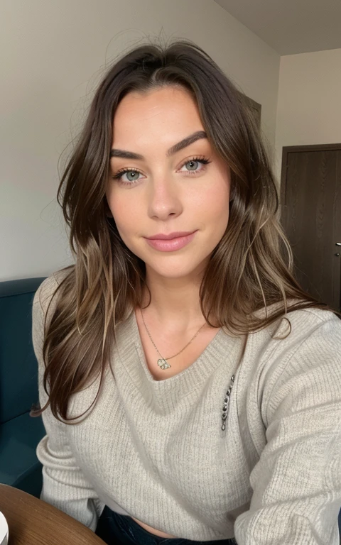 Beautiful brunette with blonde highlights, face of Amy Lee, wearing a beige sweater (22 Jahre alt, Gesicht unschuldig, Natural wavy hair, blaue Augen),Eine Flasche Craft-Bier auf dem Tisch und eine Frau ((Selfie am upper body, a happy one)), tMeisterwerk, beste-Qualit, ultradetailliert, Solo, Outside, (die Nacht), Berge, Natur, (die Sterne, Offizier) heiter, analoger Stil (Schau den Betrachter an: 1.2) (Hauttextur) (film grains: 1.3), (warmer Farbton, warmer Ton: 1.2), eine Nahaufnahme von a, Kinolicht, Seitenlicht, extra high resolution, besserer Schatten, ROH, upper body, Pullover