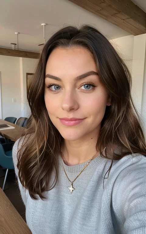 Beautiful brunette with blonde highlights,  face of Amy Lee, wearing a beige sweater (22 Jahre alt, Gesicht unschuldig, Natural wavy hair, blaue Augen),Eine Flasche Craft-Bier auf dem Tisch und eine Frau ((Selfie am upper body, a happy one)), tMeisterwerk, beste-Qualit, ultradetailliert, Solo, Outside, (die Nacht), Berge, Natur, (die Sterne, Offizier) heiter, analoger Stil (Schau den Betrachter an: 1.2) (Hauttextur) (film grains: 1.3), (warmer Farbton, warmer Ton: 1.2), eine Nahaufnahme von a, Kinolicht, Seitenlicht, extra high resolution, besserer Schatten, ROH, upper body, Pullover