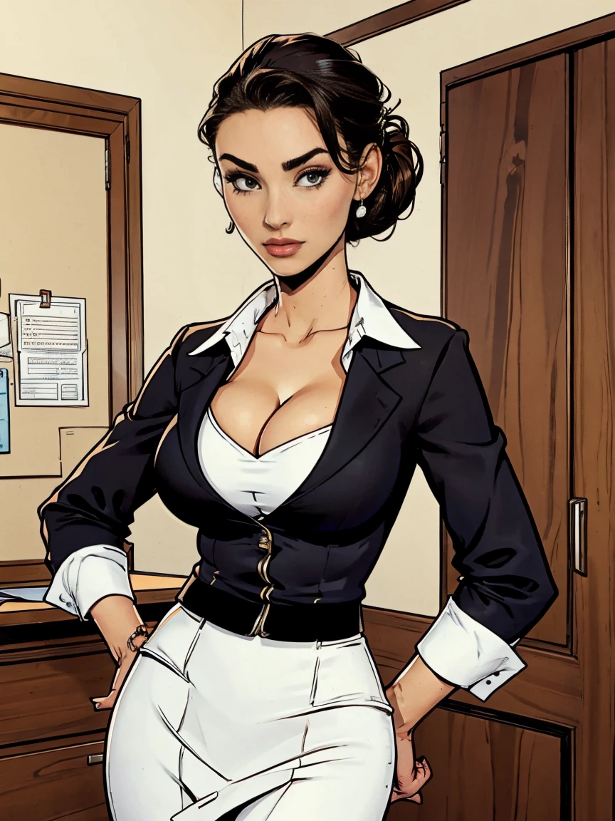 Gorgeous and sultry busty athletic (thin) brunette secretary with sharp facial features wearing business attire, white blouse, black pencil skirt, updo, office. cleavage