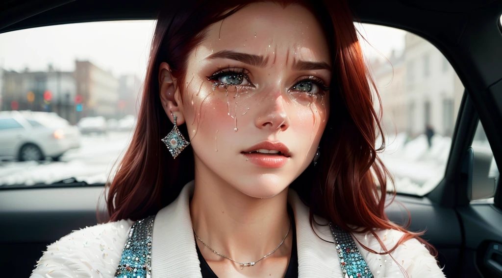 a woman with red hair and a large set of, in the style of sterling silver highlights, made of crystals, celebrity photography, fashwave, amber, pigeoncore, dau al set, SHE IS LOOKING FRONT AND CRYING, DRIVING TEARS FROM HER FACE, She is looking straight ahead and tears are crying on her face, She is looking straight ahead and tears are crying on her face
