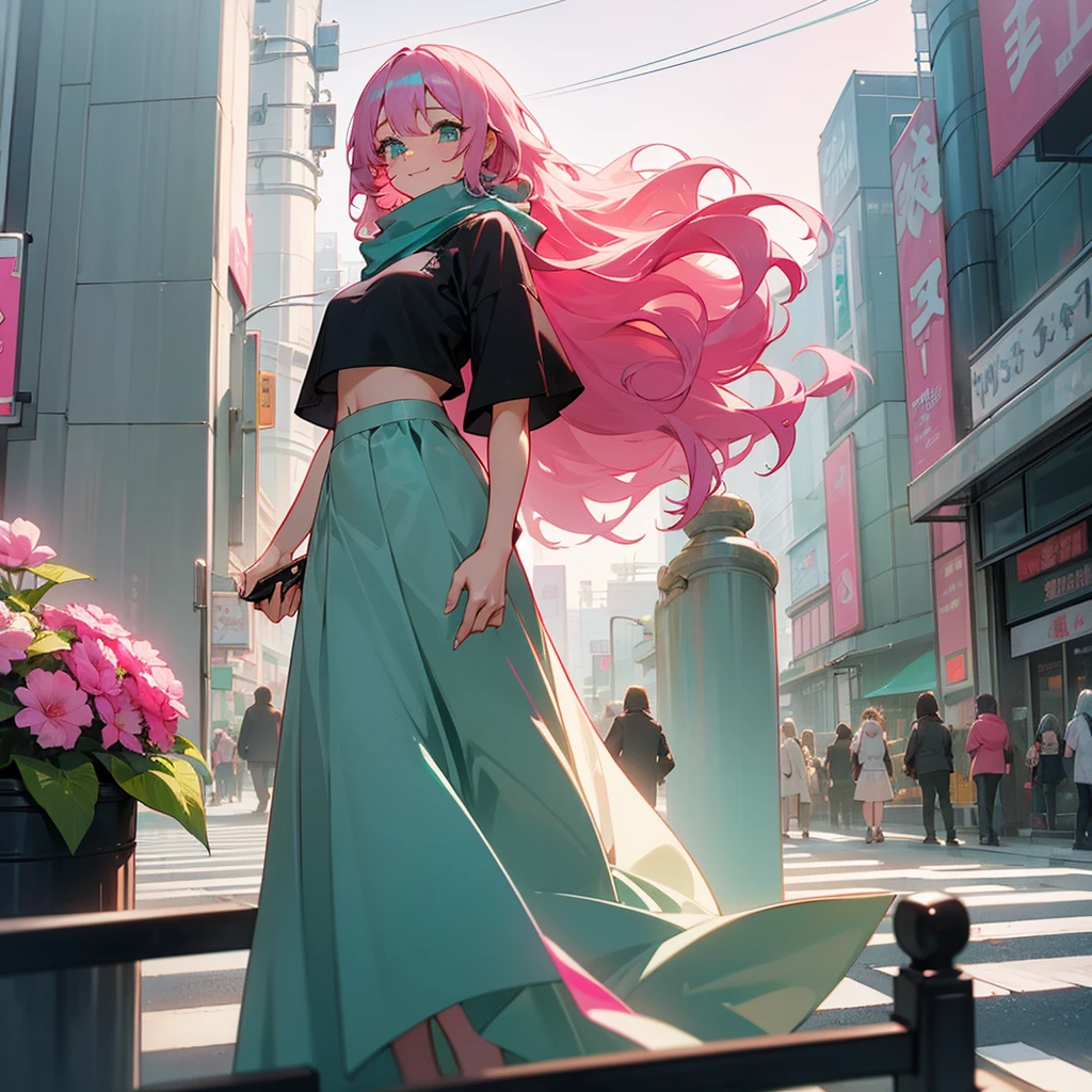 1female, adult, sexy, finely detailed aqua eyes, curly long hair, two tone hair color, grey hair color, pink hair color, oversized crop top, scarf, long skirt, standing on building, day time, tokyo streets, calm expression, smile, flowers