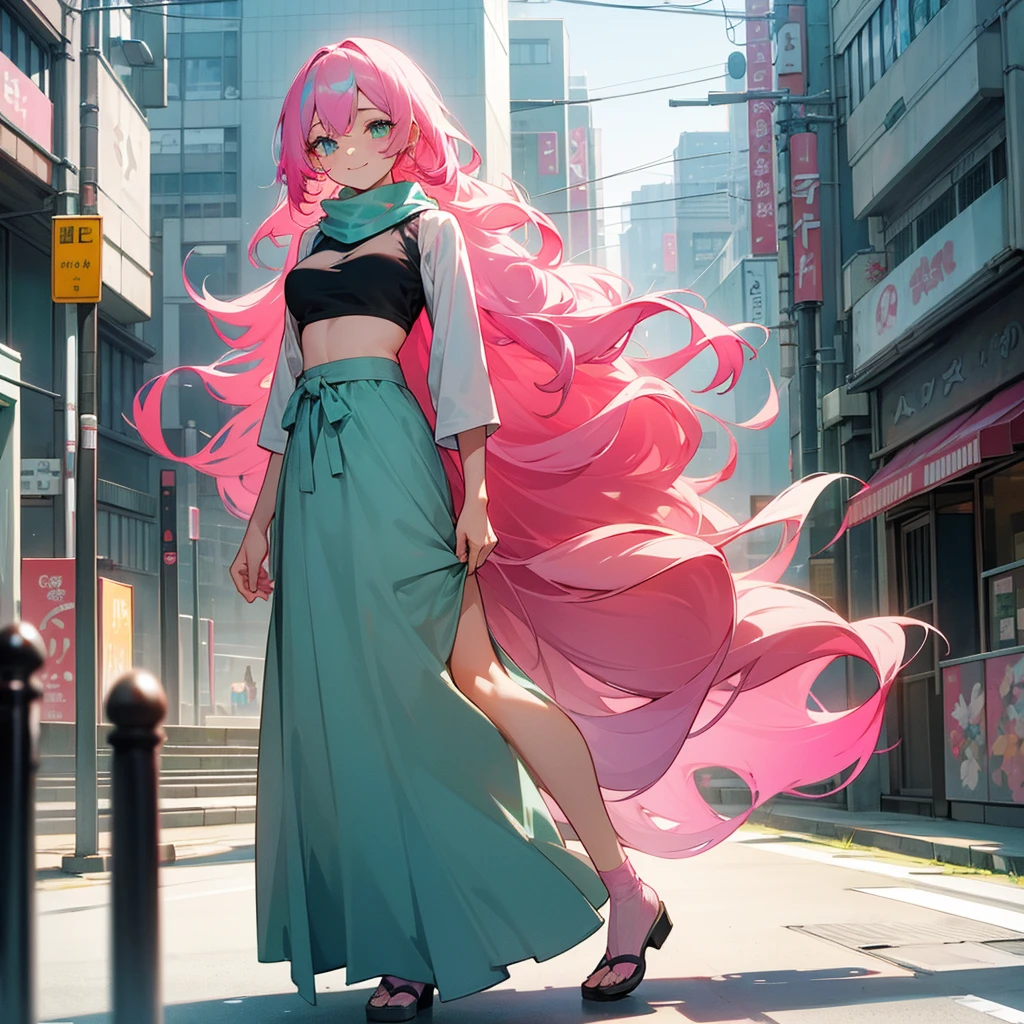 1female, adult, sexy, finely detailed aqua eyes, curly long hair, two tone hair color, grey hair color, pink hair color, oversized crop top, scarf, long skirt, standing on building, day time, tokyo streets, calm expression, smile, flowers