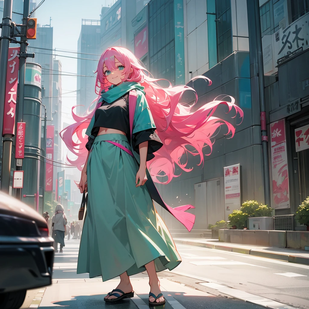 1female, adult, sexy, finely detailed aqua eyes, curly long hair, two tone hair color, grey hair color, pink hair color, oversized crop top, scarf, long skirt, standing on building, day time, tokyo streets, calm expression, smile, flowers