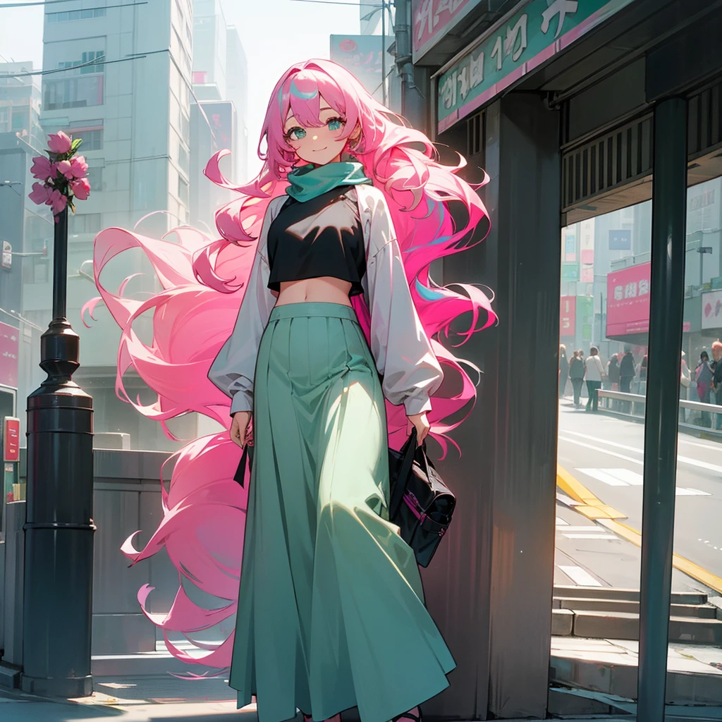1female, adult, sexy, finely detailed aqua eyes, curly long hair, two tone hair color, grey hair color, pink hair color, oversized crop top, scarf, long skirt, standing on building, day time, tokyo streets, calm expression, smile, flowers
