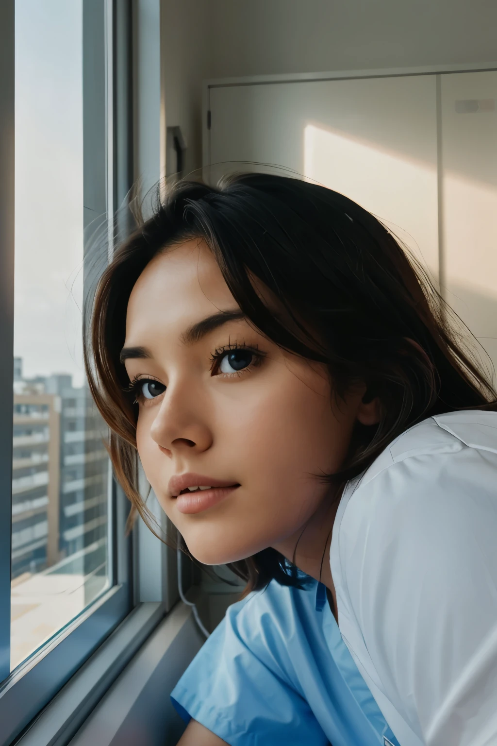 I girl lying in the hospital bed looking to window face is hidden
