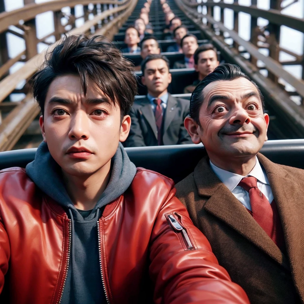 gambarkan 3d hyper realistik pria asia ,usia 25 tahun rambut short and spiky sedang menaiki roller coaster disampingnya bersama dengan mr.bean ,mereka dengan wajah tegang.4K, ultra HD, fotografi,cinematic, ultra realistik