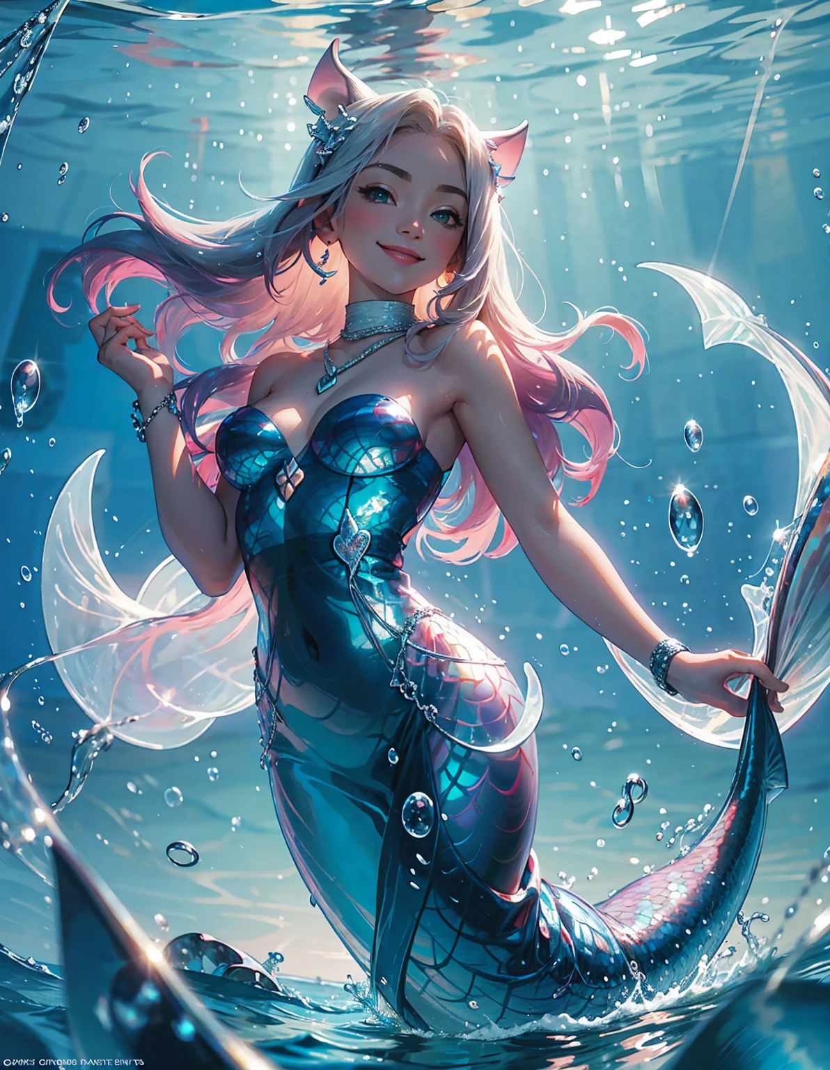 In the ocean during the day、A smiling mermaid happily swimming with a dolphin。A fantastic view unfolds、The light shines through the water, illuminating the surroundings beautifully.。The dolphins also play happily with the mermaids.、Colorful fishes fluttering around them。Water plants swaying gracefully、The scenery is as beautiful as a dream.、Captivating to the viewer。