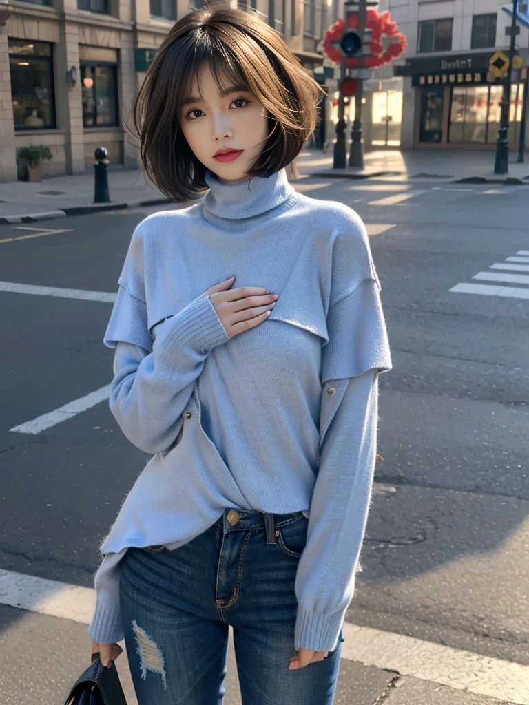((Best quality, 8k, Masterpiece: 1.3)), Contour: 1.2, Perfect body beauty: 1.4, Butt: 1.2, ((Layered haircut, Round chest: 1.5) ), (sunny, Street: 1.3), blue turtleneck sweater: 1.1, Highly detailed face and skin texture, Beautiful eyes, Double eyelids, White skin, Long hair, (Silent: 1.3), Full close ,Ultra HD,8K, full body perfect face, perfect body, night city street, from front, facing to viewer, two hands in front of chests, face to face, yuppy style, blue turtleneck sweater, dark denim jeans, leather boots, elegant