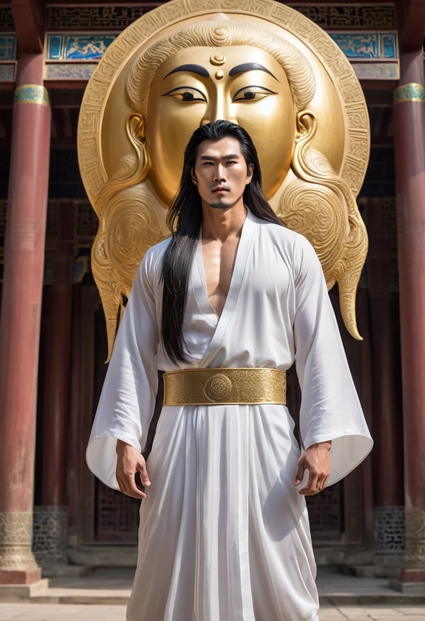 huge sexy masculine inflated tall man Asian, without beard and stubble, with long flowing straight hair in full height with open eyes, Looking Forward, - he is the god of the moon, golden saber in hand, Apollo's body, silver jewelry on hips, naked torso to the waist, in a floor-length silver skirt, semicircular patterns on clothes, depicting the moon, Covered with a black cape, in black clothes, semicircular symbols on clothes
In the temple with Arabic architecture
DARK FANTASY STYLE