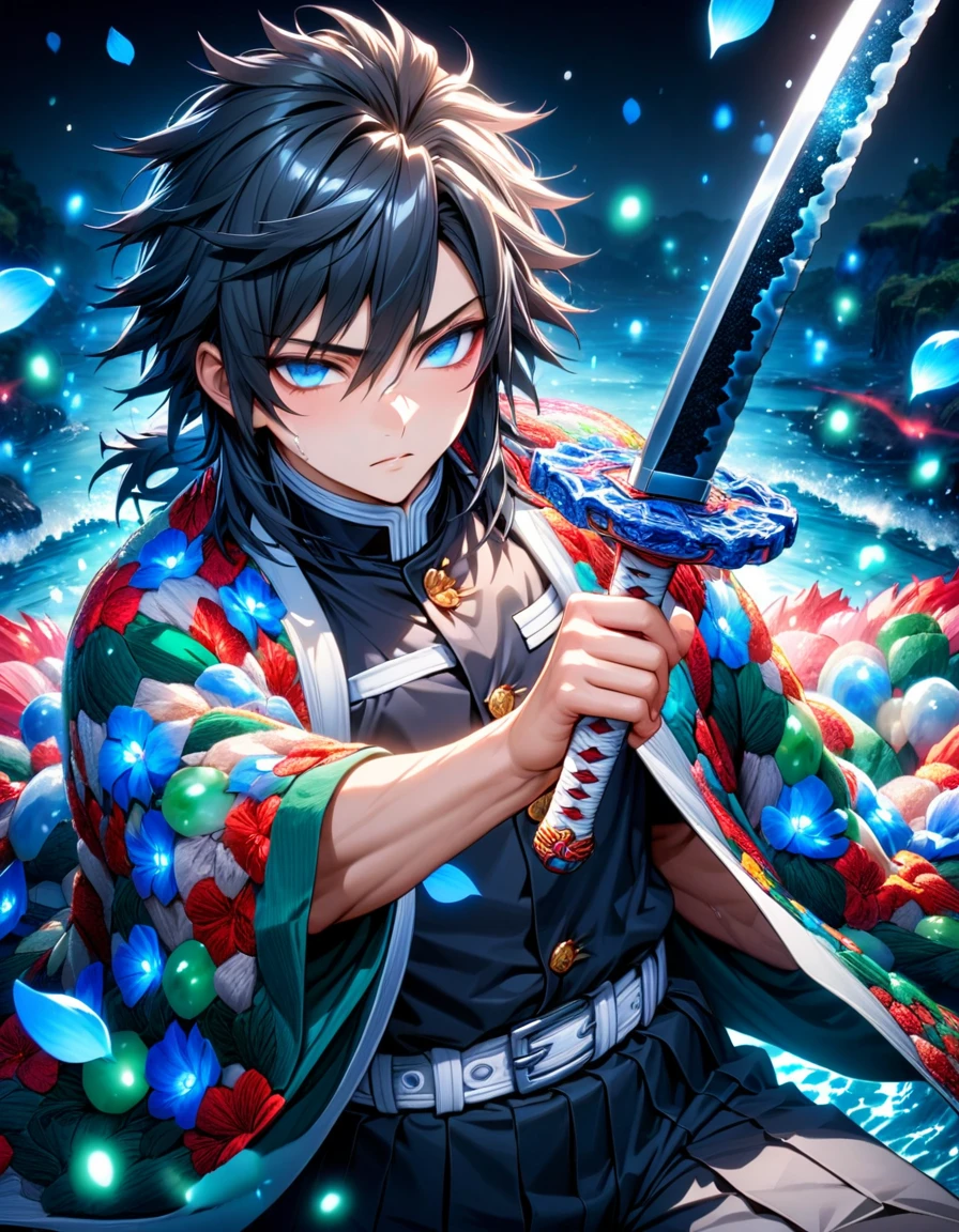 Ultra detailed, highres, absurdres, HDR, master piece, Tomioka Giyuu, black hair, expressive blue eyes, hair between the eyes, haori with patters, black demon slayer uniform, Kimetsu No Yaiba, fantasy, blue petals, blue flowers, handsome, sexy man holding a sword, solo, magical, shining blue fireflies, best quality, extremely detailed face and eyes, water, holding a sword, man