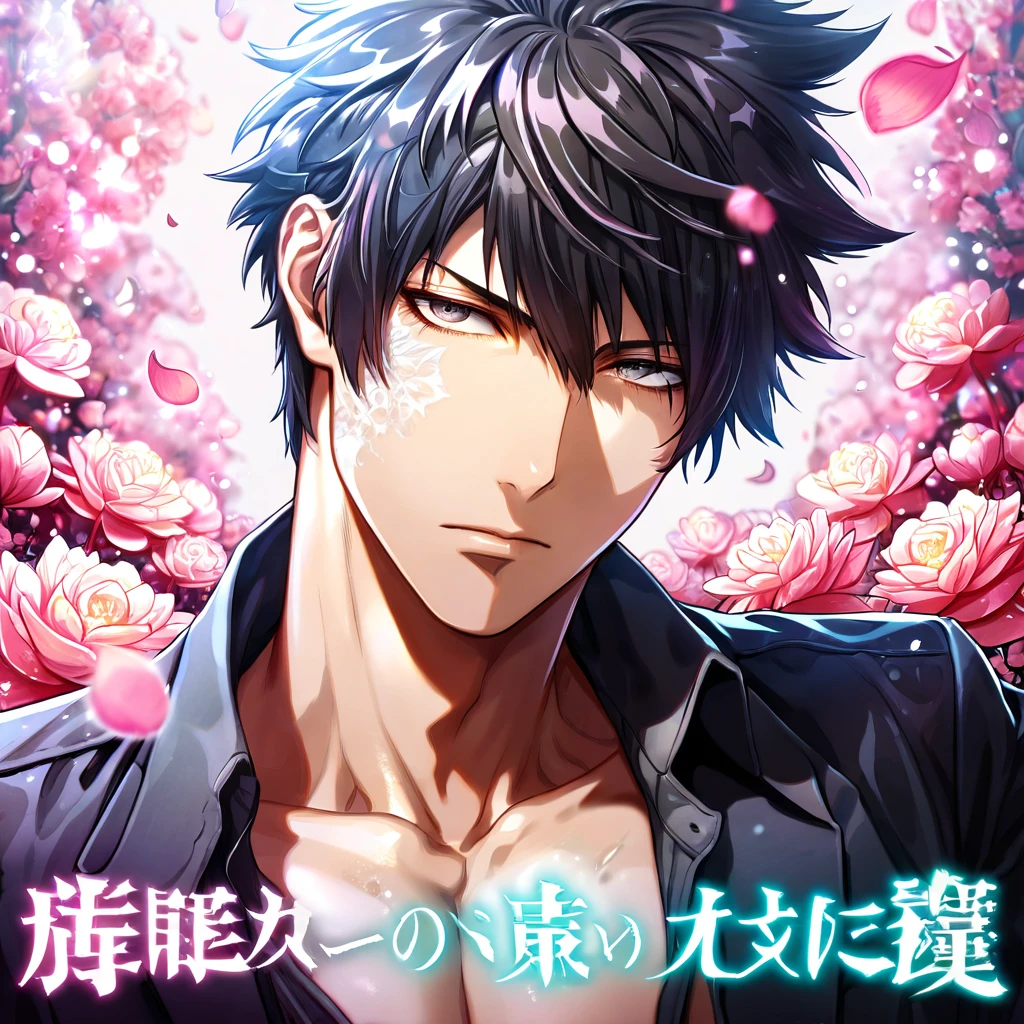 absurdres, highres, ultra detailed, HDR, master piece, best quality, Kougami Shinya, black hair, expressive gray eyes, psycho pass, solo, sexy man, handsome, black clothes, magical, fantasy, shining, pink flowers, pink blossoms, pink butterflies, pink petals, water