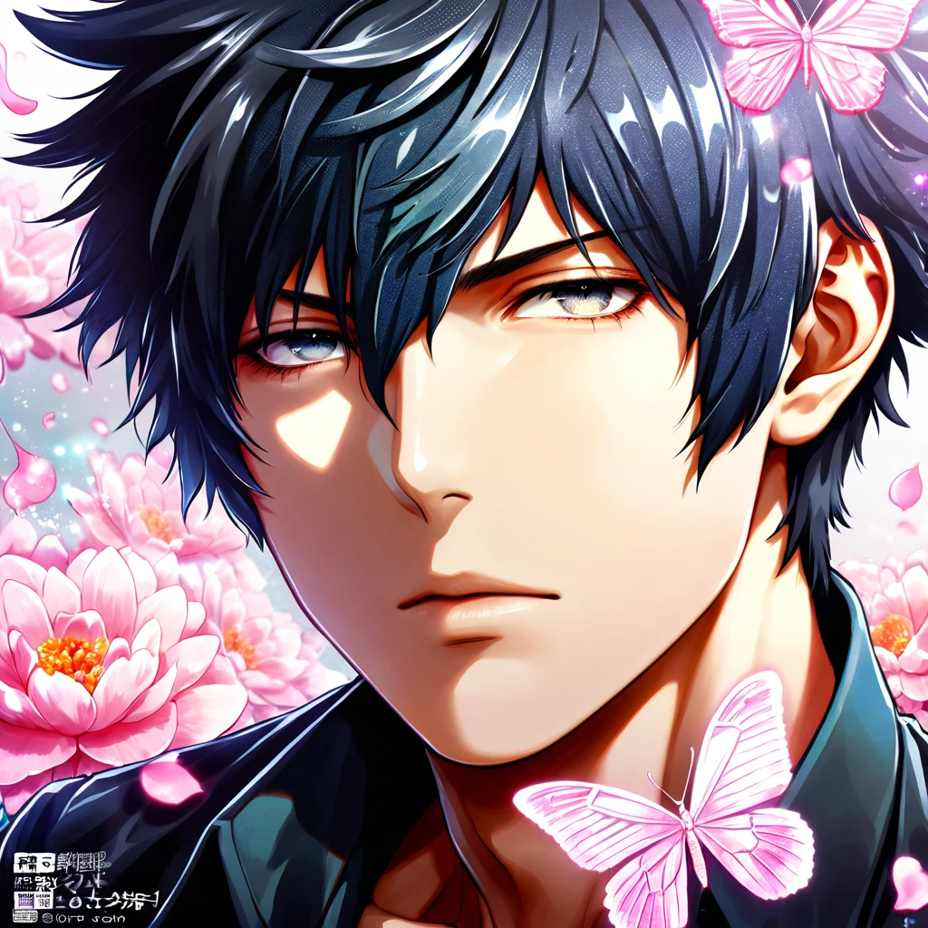 absurdres, highres, ultra detailed, HDR, master piece, best quality, Kougami Shinya, black hair, expressive gray eyes, psycho pass, solo, sexy man, handsome, black clothes, magical, fantasy, shining, pink flowers, pink blossoms, pink butterflies, pink petals, water