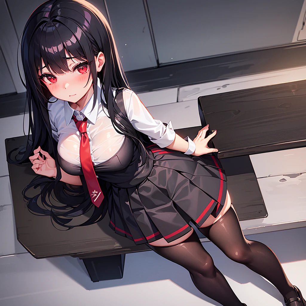 Strong quality with clear details, one girl, sitting on a desk at school, long black hair, red eyes, beautiful face, perfect and seductive body, plump thighs, black school clothes, red tie, black mid-thigh stockings, short skirt, breasts slightly larger than average, perfect body, cute, blushing cheeks, natural and flawless image