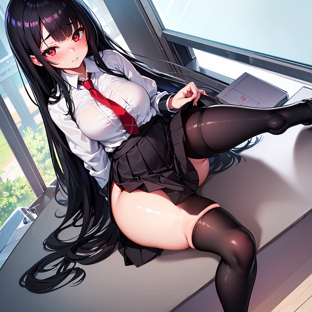 Strong quality with clear details, one girl, sitting on a desk at school, long black hair, red eyes, beautiful face, perfect and seductive body, plump thighs, black school clothes, red tie, black mid-thigh stockings, short skirt, breasts slightly larger than average, perfect body, cute, blushing cheeks, natural and flawless image