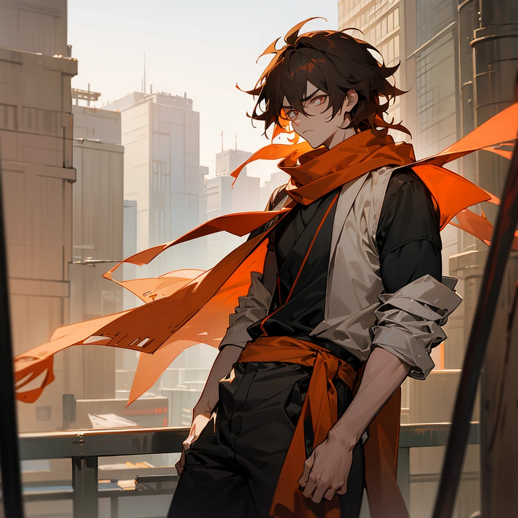 1male, adult, finely detailed ember eyes, messy medium hair, two tone hair color, orange hair color, black hair color, casual clothing, loose pants, scarf, standing on building, day time, tokyo streets, upset expression, muscular
