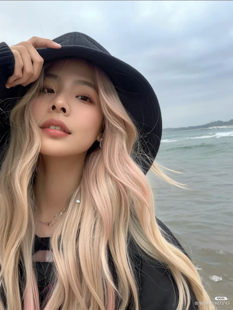 ((Obra de arte)), (melhor qualidade), (detalhado), (1 garota), cabelo rosa claro, olhos rosas claros brilhantes, Cabelo liso, vestindo um moletom preto moderno, korean girl, coreana, sardas, pintinhas, cabelos rosa, Jennie Kim