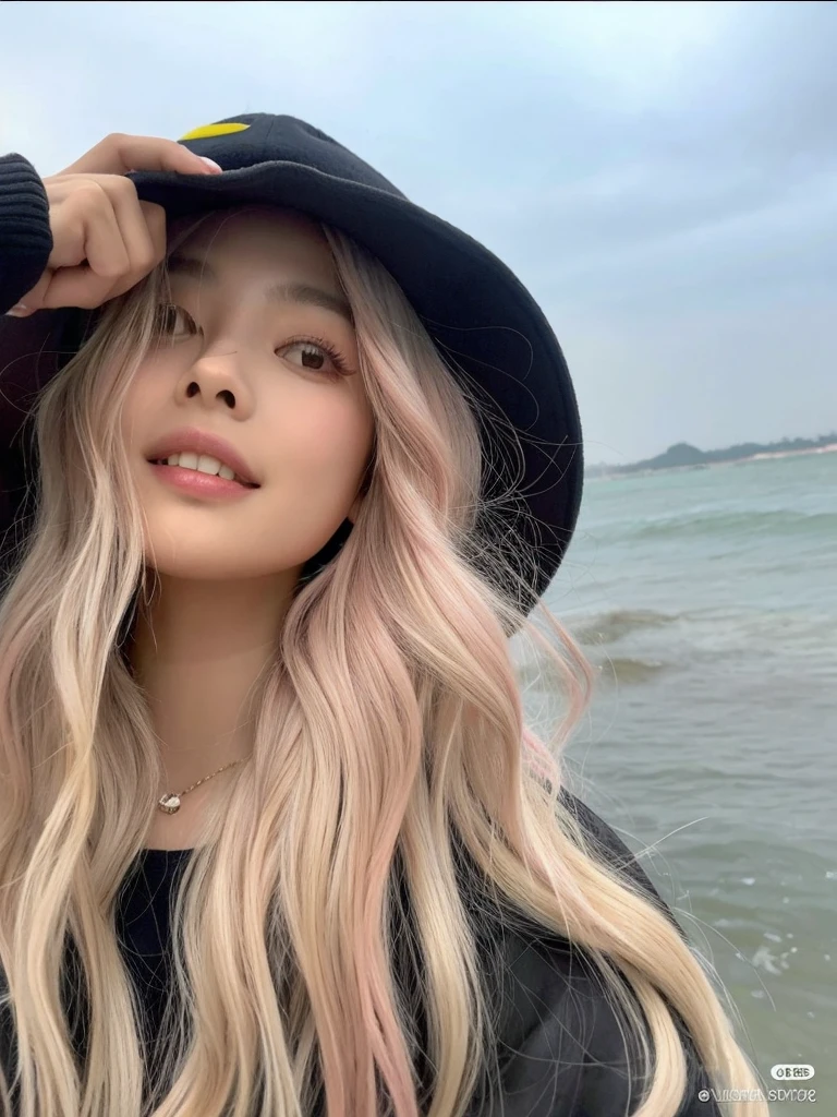 ((Obra de arte)), (melhor qualidade), (detalhado), (1 garota), cabelo rosa claro, olhos rosas claros brilhantes, Cabelo liso, vestindo um moletom preto moderno, korean girl, coreana, sardas, pintinhas, cabelos rosa, Jennie Kim