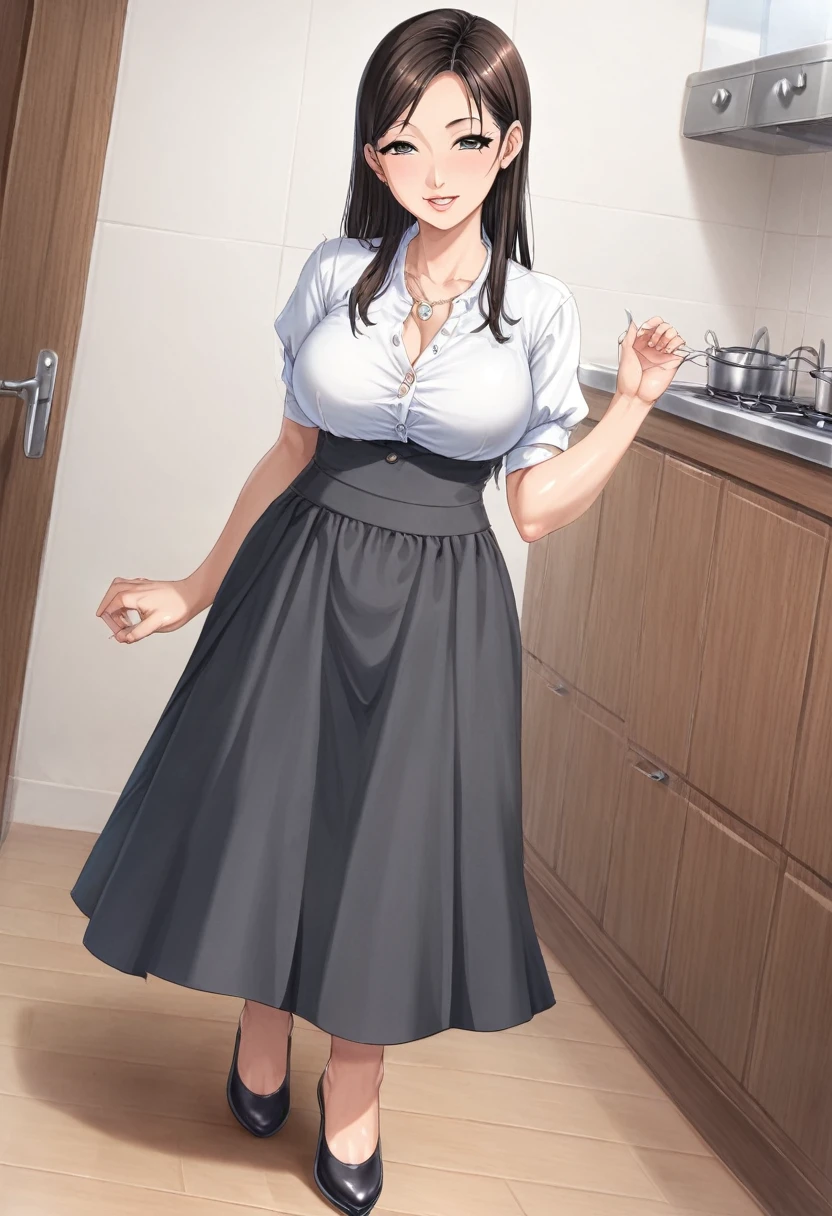 Anime, 2d anime, cartoon anime, detailed illustration, dynamic angle, ultra-detailed, illustration, full body shot, 1girl,  1950’s stay at home wife, button up blouse and long skirt, anime half closed eyes. A knowing smile, standing in kitchen, domestic goddess,