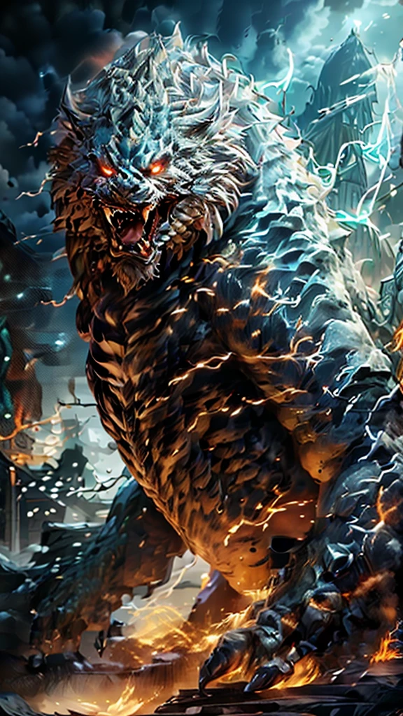 Monster hunter ps5 game screenshot, detailed monster, extremely detailed monster face, monster jumping, electric monster, electric discharge, electricity crackling, high detailed environment, dark fantasy, dark moody lighting, dramatic lighting, dramatic shadows, cinematic, epic scale, powerful, intense, photorealistic, 8k, best quality, hyper detailed
