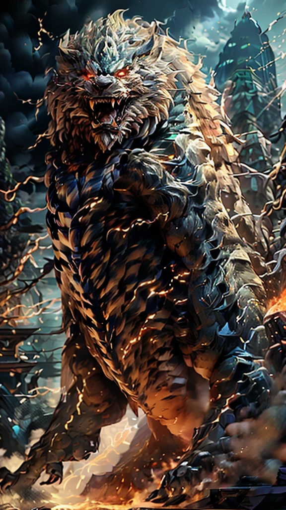 Monster hunter ps5 game screenshot, detailed monster, extremely detailed monster face, monster jumping, electric monster, electric discharge, electricity crackling, high detailed environment, dark fantasy, dark moody lighting, dramatic lighting, dramatic shadows, cinematic, epic scale, powerful, intense, photorealistic, 8k, best quality, hyper detailed