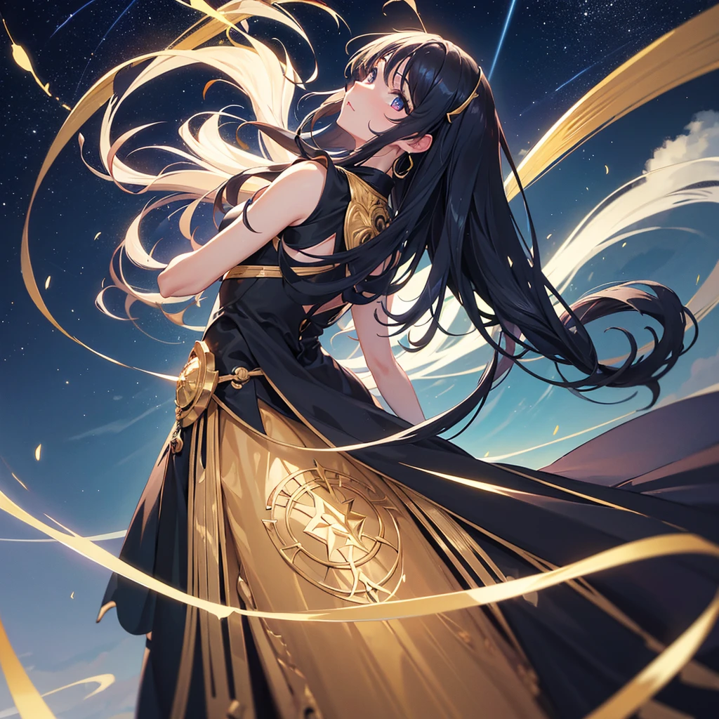 de primera calidad、Calidad de imagen superior、masterpiece、(mqmf)、Mejor busto、(pechos grandes , Caderas anchas ),hermosos ojos dorados、Pechos bien abiertos , pelo largo rubio、un delgado、Body dorado, Reflejando todo el cuerpo.、Gold ring on the wrist、alta calidad、hermoso arte、Fondo con((cielo nocturno、nubes negras、rayo、Trueno intenso、Rayo、trueno rojo、blue lightning、Trueno de oro)))Mesa、visualart、profundidad de campos、cielo en la noche , pose seductora , from behind , es ,sexy