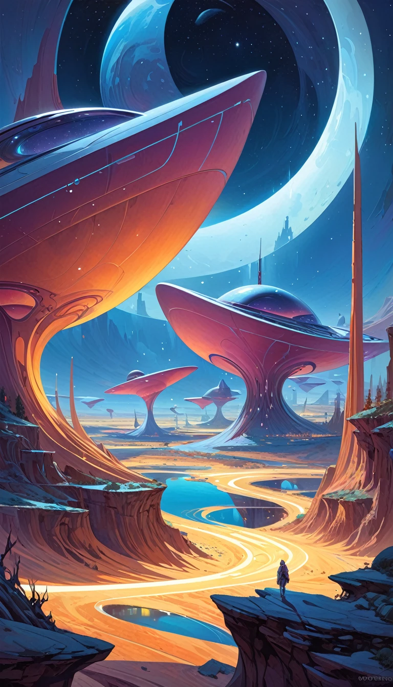 great futuristic landscape:1.5, night (inspired by art by Moebius). oil painting)
